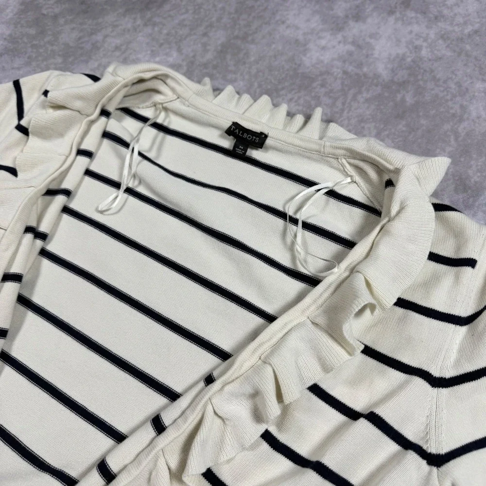Talbots Cardigan Sweater Women M Ivory Navy Striped Ruffle Open Front Balletcore